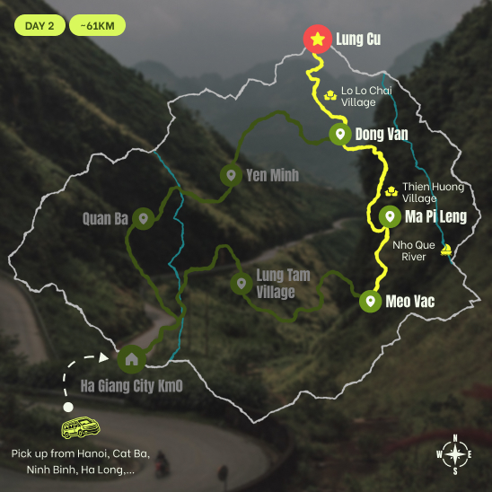 Route map, D2: Dong Van - Lung Cu - Lo Lo Chai - Ma Pi Leng - Nho Que River - Meo Vac