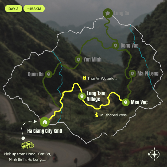 Route map, D3: Meo Vac - M-shaped Road - Lung Tam Weaving Village - Thai An Waterfall - Ha Giang