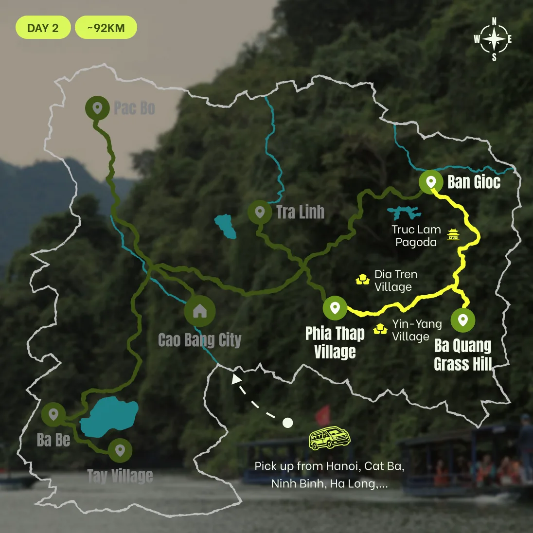Route map, D2: Three Craft Villages, Ba Quang Hill, and Truc Lam Pagoda