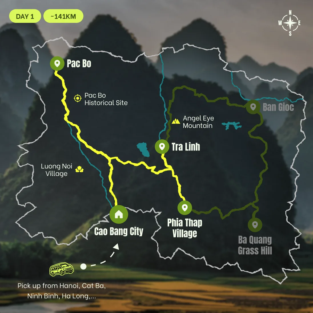 Route map, Night 1: Hanoi to Cao Bang