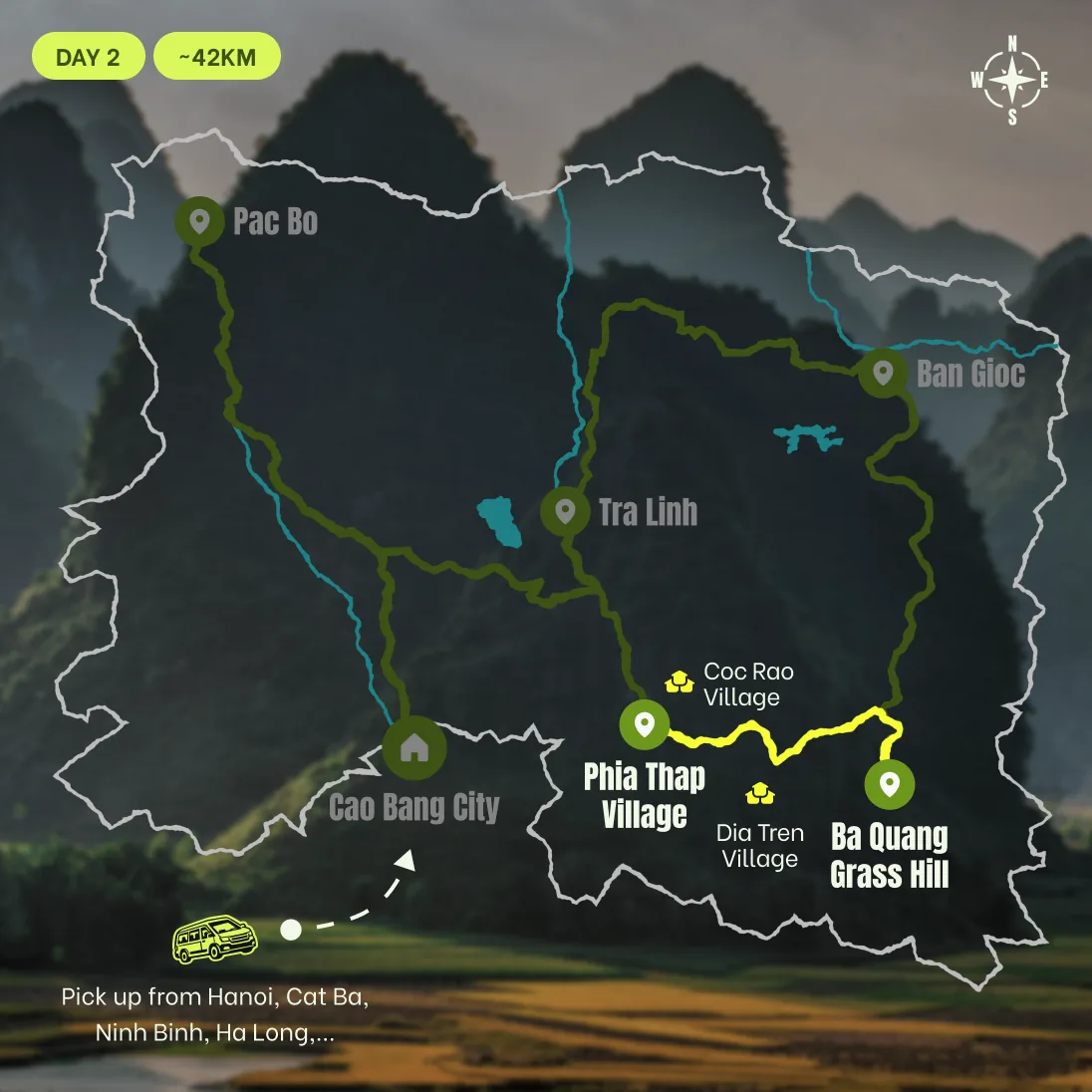 Route map, D2: Four Craft Villages and the Ba Quang Panorama