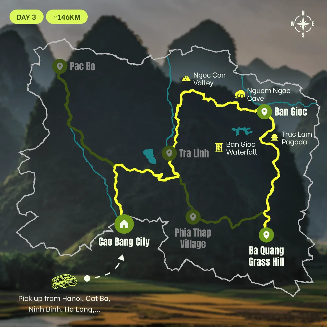 Route map, D3: Nguom Ngao Cave, Ban Gioc Waterfall, and Ngoc Con Valley