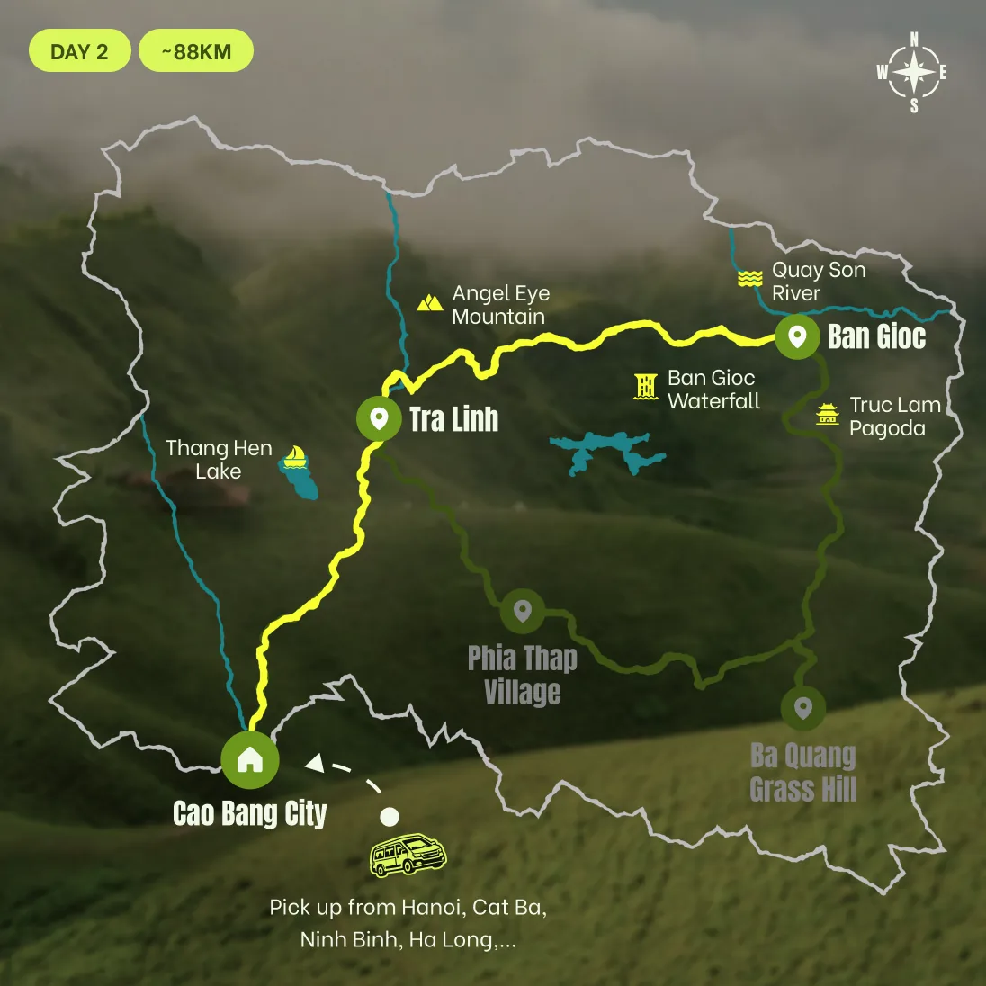 Route map, D2: Ban Gioc, Pagoda, Lake, and Sunset Mountain