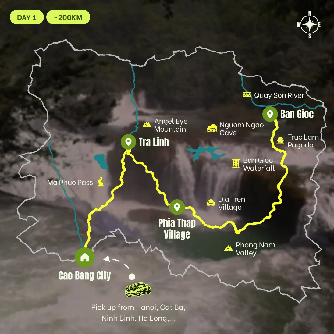 Route map, Full Day: Cao Bang City, Ban Gioc, Nguom Ngao Cave, Phong Nam Valley, and Angel Eye Mountain