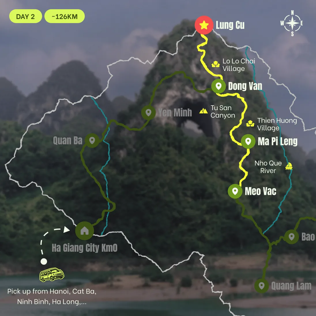 Route map, D2: Dong Van, Ma Pi Leng, Lung Cu