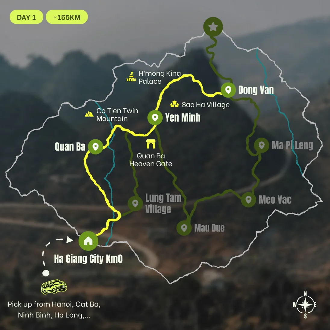 Route map, Night 0: Hanoi to Ha Giang