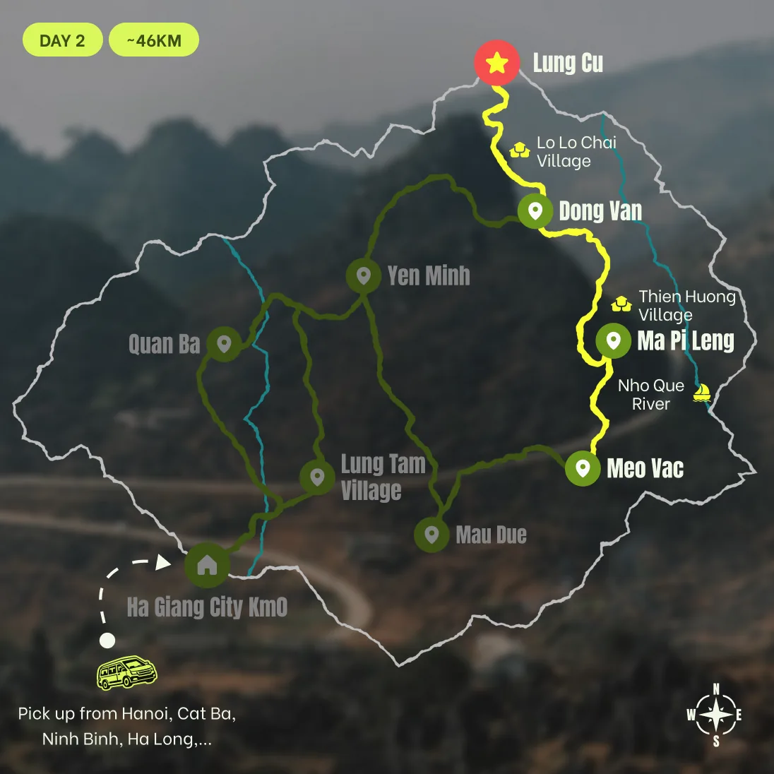 Route map, D2: Dong Van - Lung Cu - Lo Lo Chai - Ma Pi Leng - Nho Que River - Meo Vac