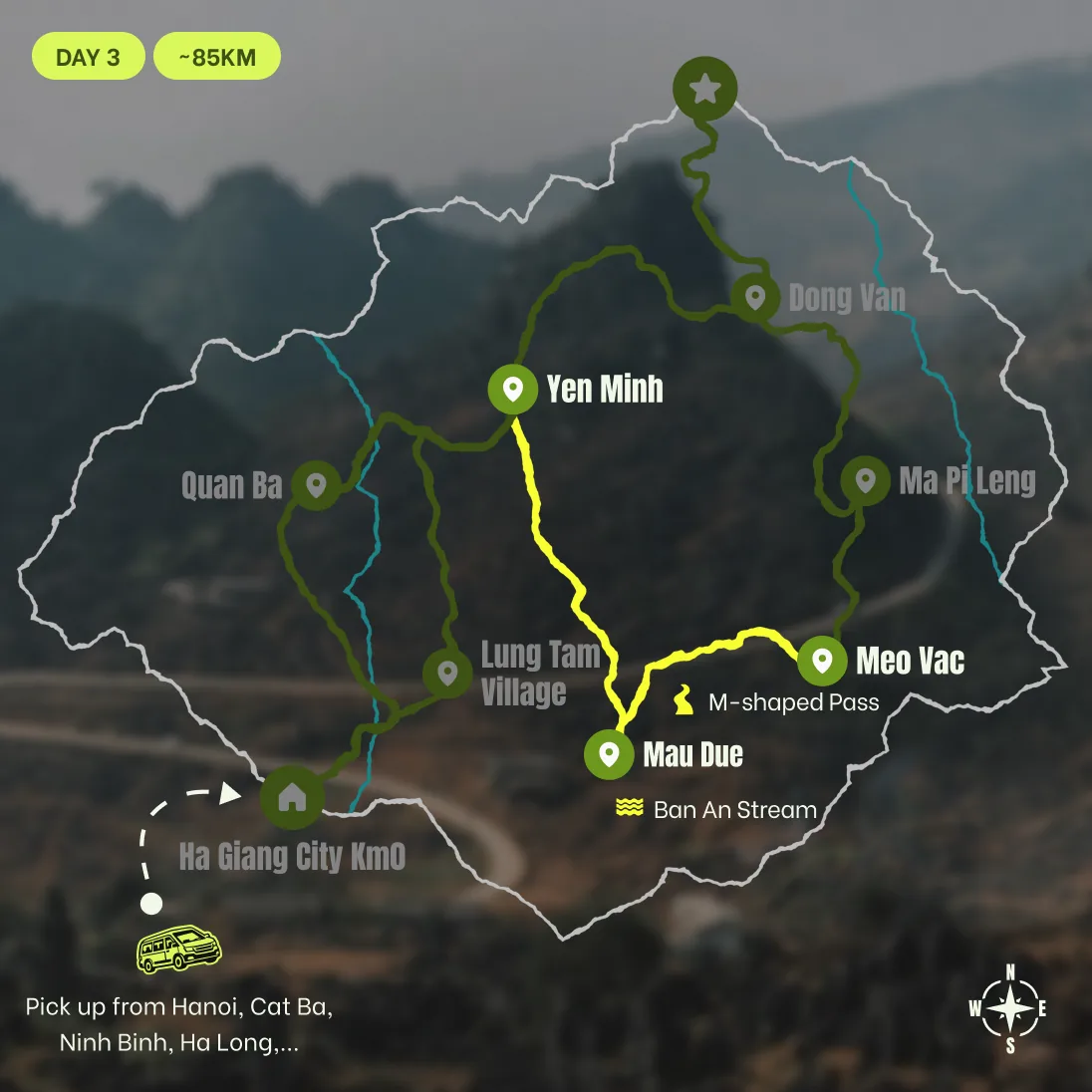 Route map, D3: Meo Vac - Ban Ang Stream - M-shaped Road - Yen Minh