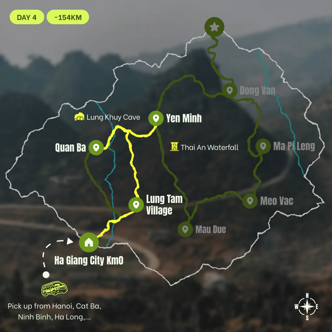 Route map, D4: Yen Minh - Lung Khuy Cave - Lung Tam - Thai An Waterfall - Ha Giang